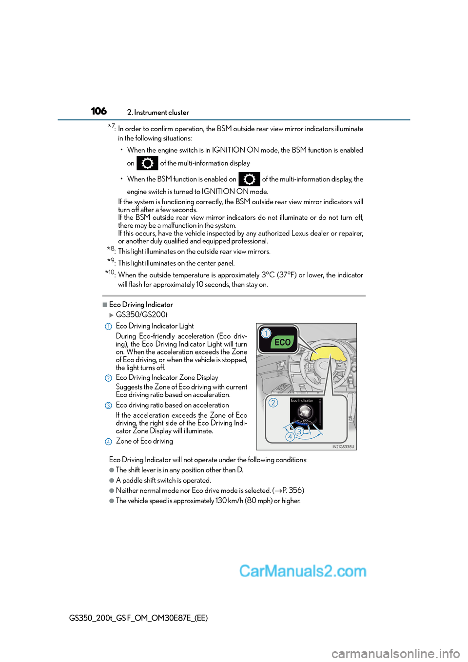 Lexus GS200t 2016  Owners Manuals 1062. Instrument cluster
GS350_200t_GS F_OM_OM30E87E_(EE)
*7: In order to confirm operation, the BSM outside rear view mirror indicators illuminatein the following situations:
• When the engine swit