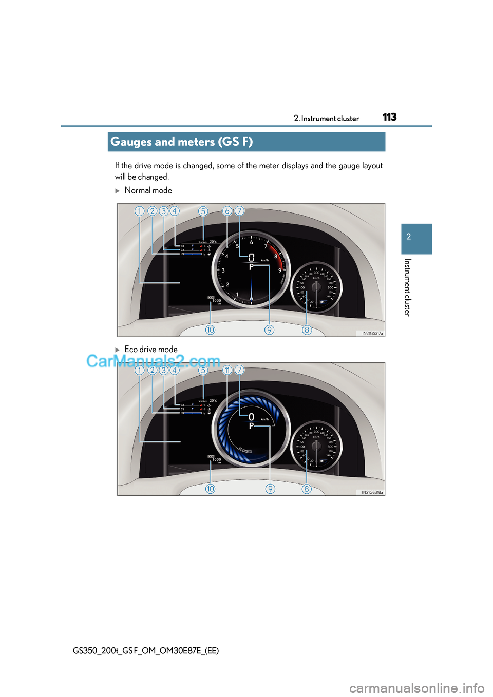 Lexus GS200t 2016 Owners Manuals 113
2
2. Instrument cluster
Instrument cluster
GS350_200t_GS F_OM_OM30E87E_(EE)
Gauges and meters (GS F)
If the drive mode is changed, some of the meter displays and the gauge layout
will be changed.
Lexus GS200t 2016 Owners Manuals 113
2
2. Instrument cluster
Instrument cluster
GS350_200t_GS F_OM_OM30E87E_(EE)
Gauges and meters (GS F)
If the drive mode is changed, some of the meter displays and the gauge layout
will be changed.
