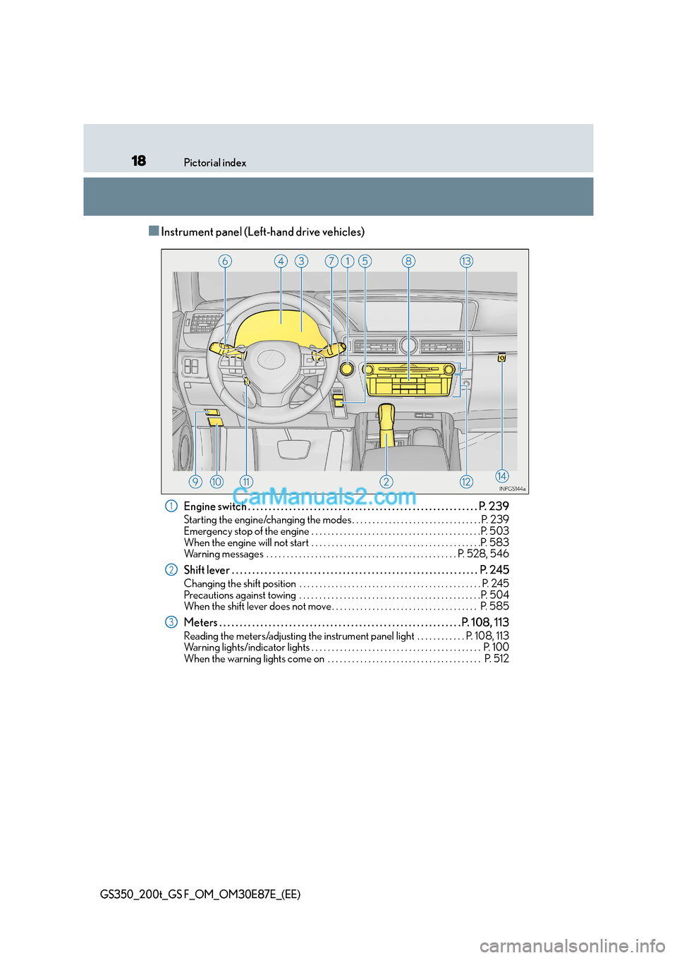 Lexus GS200t 2016  s User Guide 18Pictorial index
GS350_200t_GS F_OM_OM30E87E_(EE)
■Instrument panel (Left-hand drive vehicles)
Engine switch . . . . . . . . . . . . . . . . . . . . . . . . . . . . . . . . . . . . . . . . . . . . 