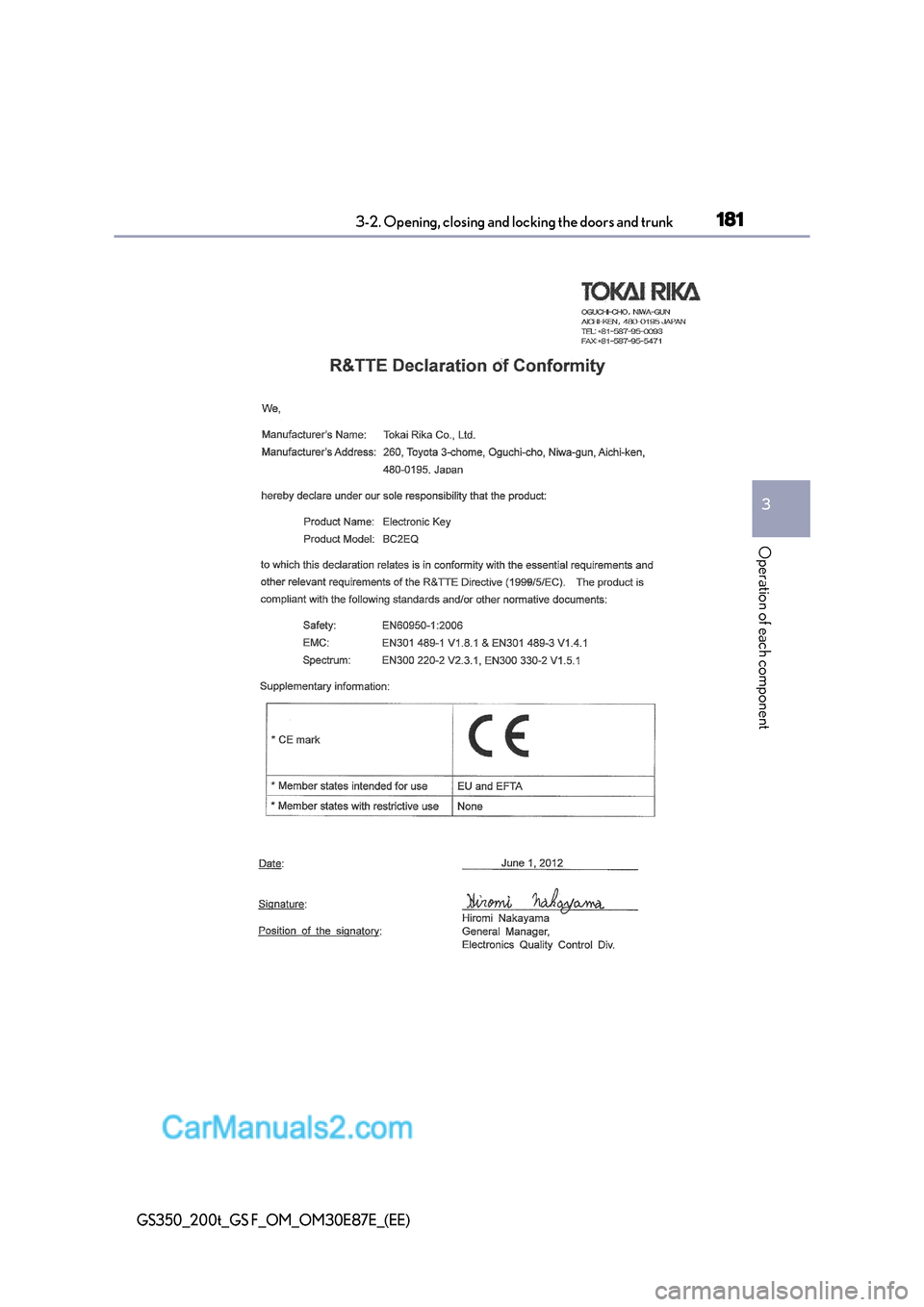 Lexus GS200t 2016  Owners Manuals 1813-2. Opening, closing and locking the doors and trunk
3
Operation of each component
GS350_200t_GS F_OM_OM30E87E_(EE)  