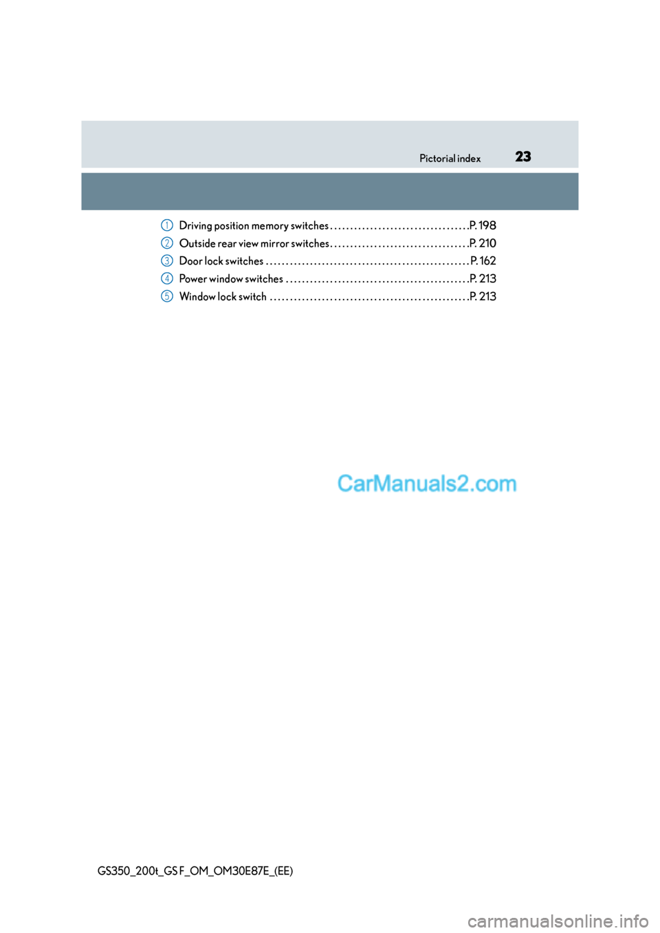 Lexus GS200t 2016  Owners Manuals 23Pictorial index
GS350_200t_GS F_OM_OM30E87E_(EE)
Driving position memory switches . . . . . . . . . . . . . . . . . . . . . . . . . . . . . . . . . . .P. 198
Outside rear view mirror switches . . . 