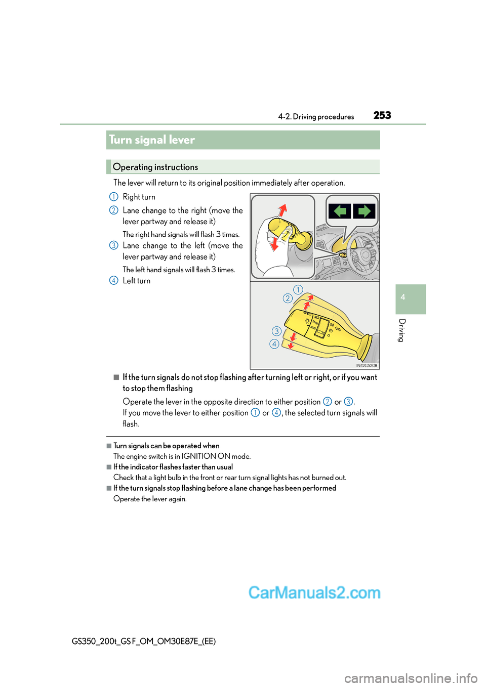 Lexus GS200t 2016  Owners Manuals 253
4
4-2. Driving procedures
Driving
GS350_200t_GS F_OM_OM30E87E_(EE)
Turn signal lever
The lever will return to its original position immediately after operation.
Right turn
Lane change to the right