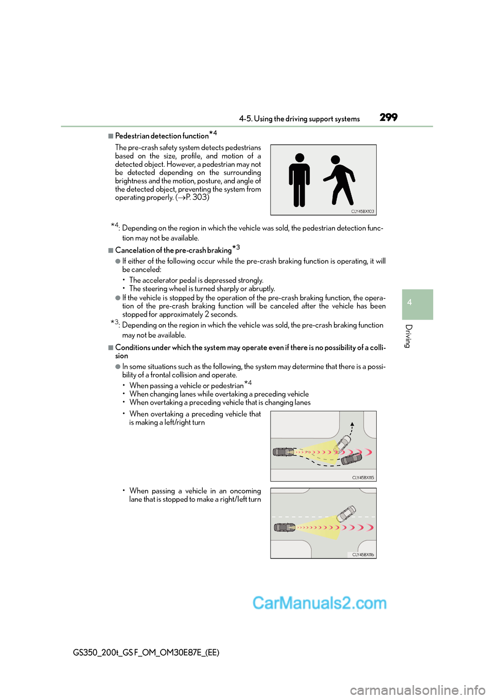 Lexus GS200t 2016  Owners Manuals 2994-5. Using the driving support systems
4
Driving
GS350_200t_GS F_OM_OM30E87E_(EE)
■Pedestrian detection function*4
*4: Depending on the region in which the vehicle was sold, the pedestrian detect