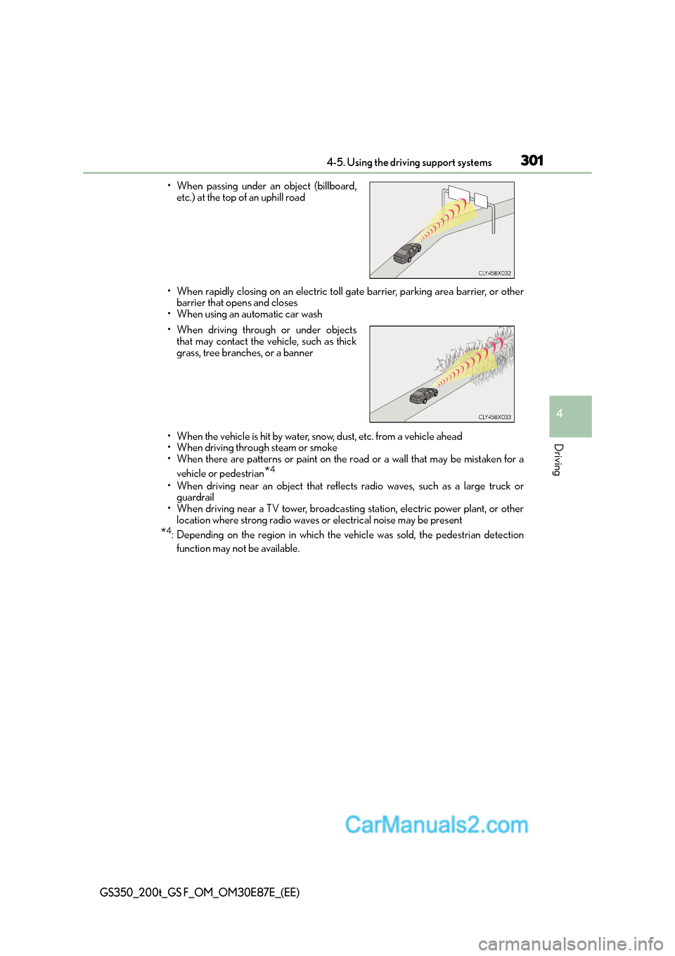 Lexus GS200t 2016 Owners Manuals 3014-5. Using the driving support systems
4
Driving
GS350_200t_GS F_OM_OM30E87E_(EE)
• When rapidly closing on an electric toll gate barrier, parking area barrier, or otherbarrier that opens and clo Lexus GS200t 2016 Owners Manuals 3014-5. Using the driving support systems
4
Driving
GS350_200t_GS F_OM_OM30E87E_(EE)
• When rapidly closing on an electric toll gate barrier, parking area barrier, or otherbarrier that opens and clo