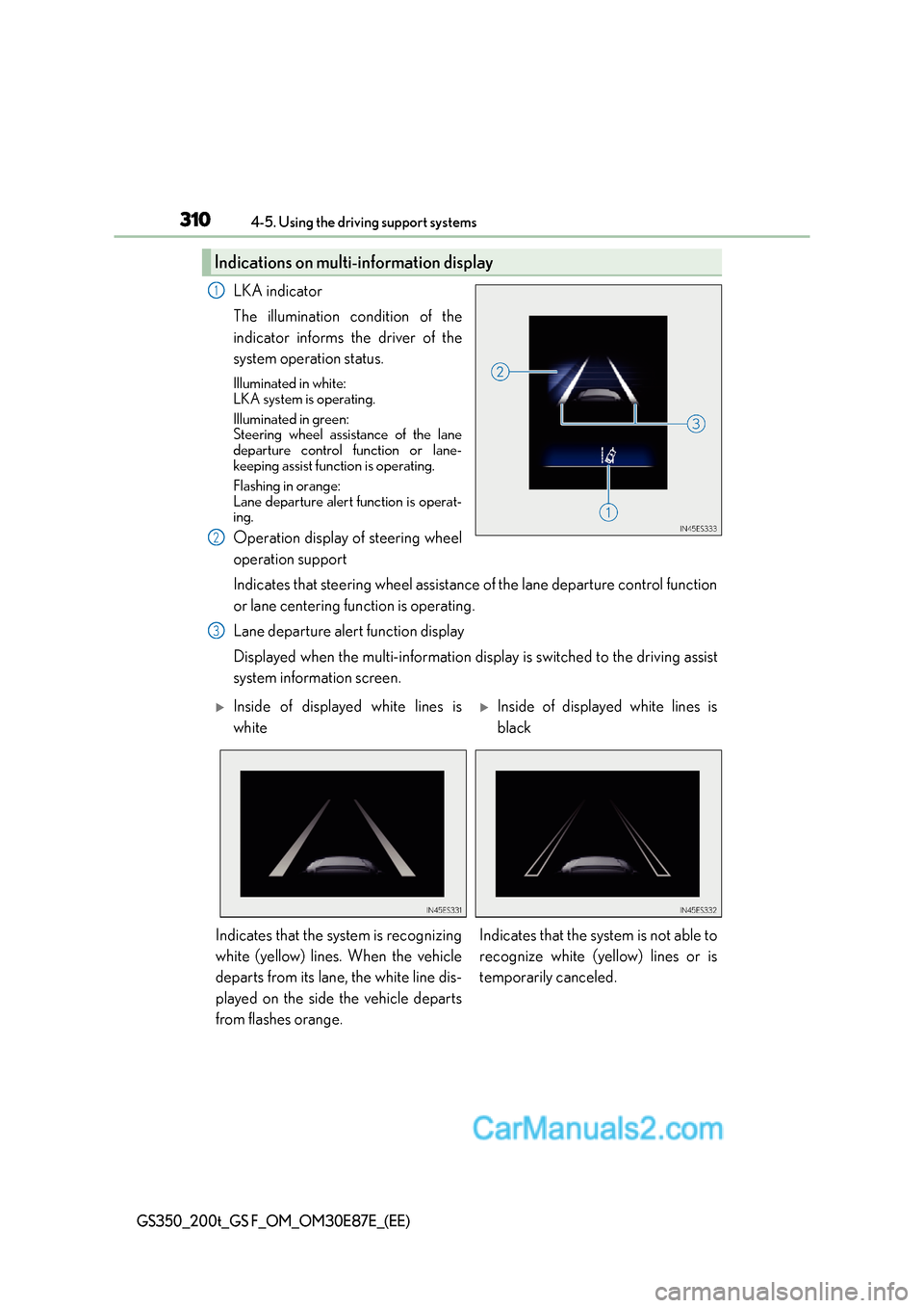 Lexus GS200t 2016 Owners Manuals 3104-5. Using the driving support systems
GS350_200t_GS F_OM_OM30E87E_(EE)
LKA indicator
The illumination condition of the
indicator informs the driver of the
system operation status.
Illuminated in w Lexus GS200t 2016 Owners Manuals 3104-5. Using the driving support systems
GS350_200t_GS F_OM_OM30E87E_(EE)
LKA indicator
The illumination condition of the
indicator informs the driver of the
system operation status.
Illuminated in w