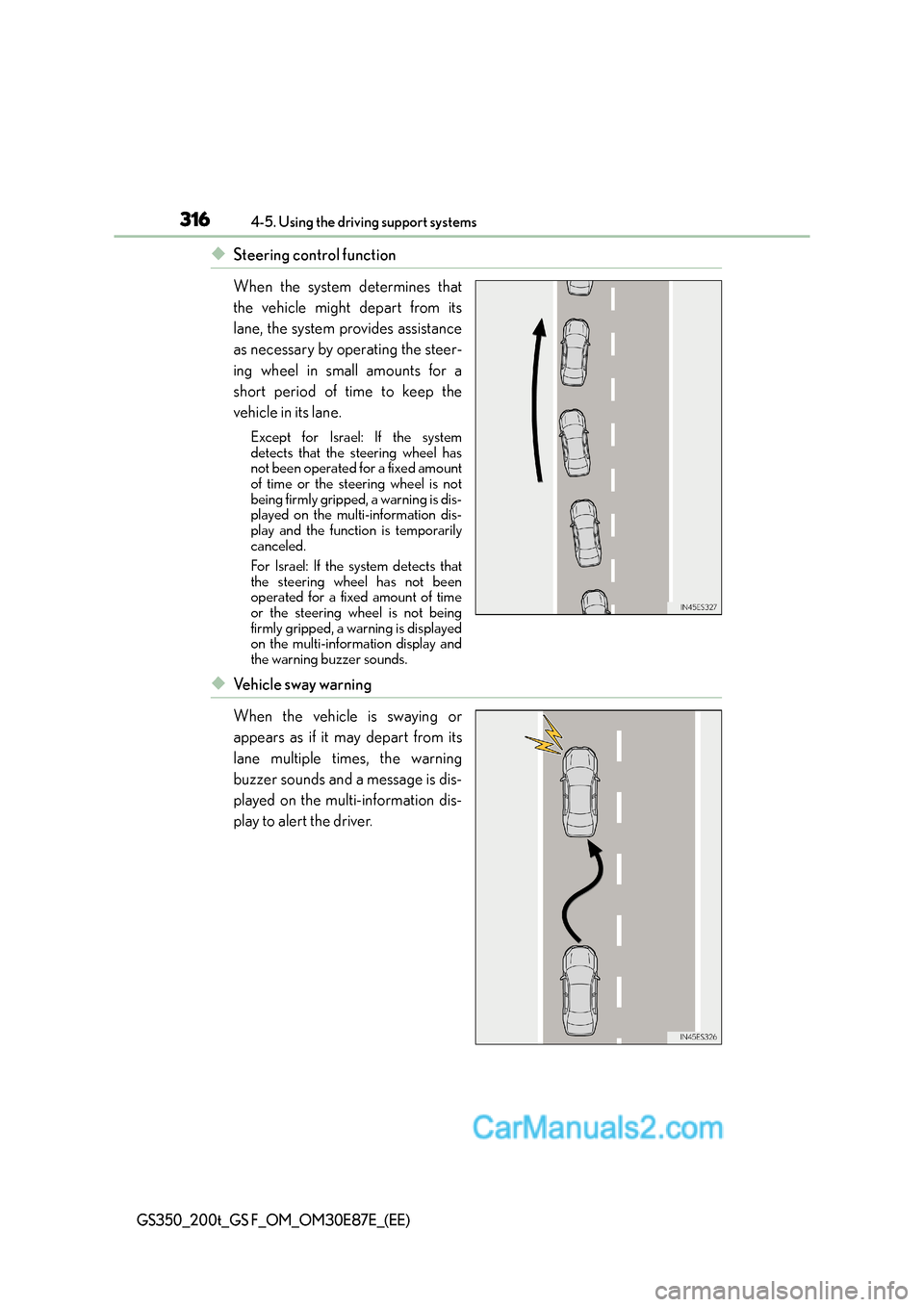 Lexus GS200t 2016 Owners Manuals 3164-5. Using the driving support systems
GS350_200t_GS F_OM_OM30E87E_(EE)
◆Steering control function
When the system determines that
the vehicle might depart from its
lane, the system provides assi Lexus GS200t 2016 Owners Manuals 3164-5. Using the driving support systems
GS350_200t_GS F_OM_OM30E87E_(EE)
◆Steering control function
When the system determines that
the vehicle might depart from its
lane, the system provides assi