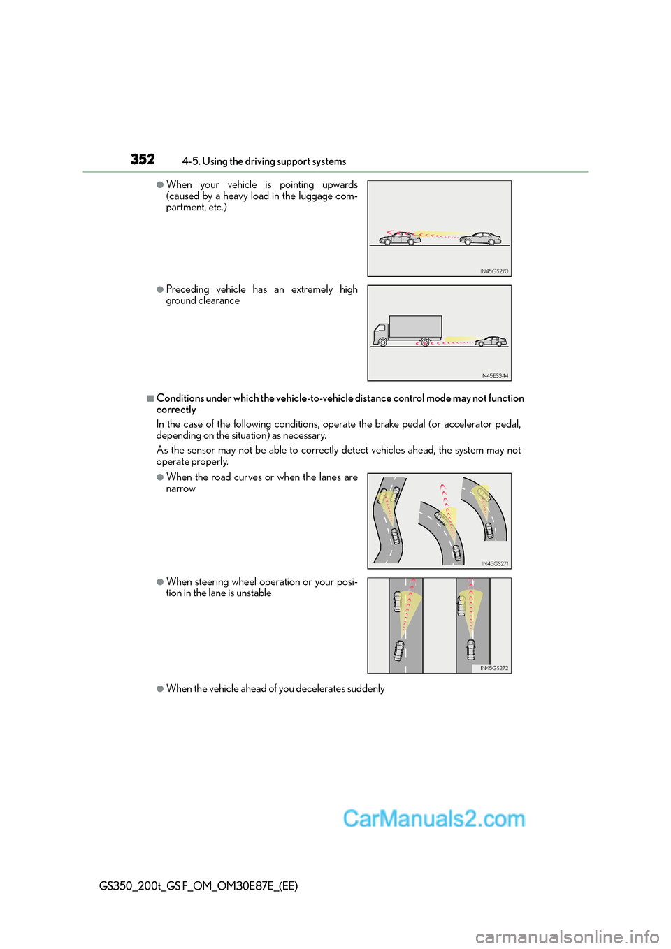 Lexus GS200t 2016 Owners Manuals 3524-5. Using the driving support systems
GS350_200t_GS F_OM_OM30E87E_(EE)
■Conditions under which the vehicle-to-vehicle distance control mode may not function
correctly
In the case of the followi Lexus GS200t 2016 Owners Manuals 3524-5. Using the driving support systems
GS350_200t_GS F_OM_OM30E87E_(EE)
■Conditions under which the vehicle-to-vehicle distance control mode may not function
correctly
In the case of the followi