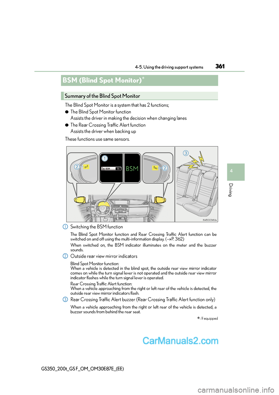 Lexus GS200t 2016  Owners Manuals 361
4
4-5. Using the driving support systems
Driving
GS350_200t_GS F_OM_OM30E87E_(EE)
BSM (Blind Spot Monitor)∗
The Blind Spot Monitor is a system that has 2 functions;
●The Blind Spot Monitor fun