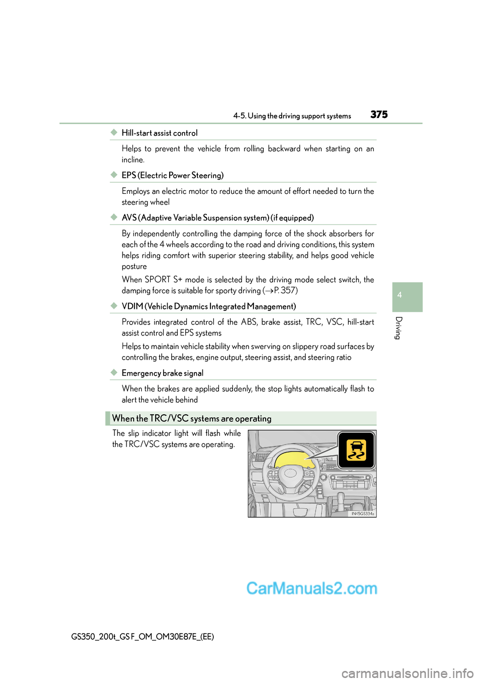 Lexus GS200t 2016 Owners Manuals 3754-5. Using the driving support systems
4
Driving
GS350_200t_GS F_OM_OM30E87E_(EE)
◆Hill-start assist control
Helps to prevent the vehicle from rolling backward when starting on an
incline.
◆EPS Lexus GS200t 2016 Owners Manuals 3754-5. Using the driving support systems
4
Driving
GS350_200t_GS F_OM_OM30E87E_(EE)
◆Hill-start assist control
Helps to prevent the vehicle from rolling backward when starting on an
incline.
◆EPS