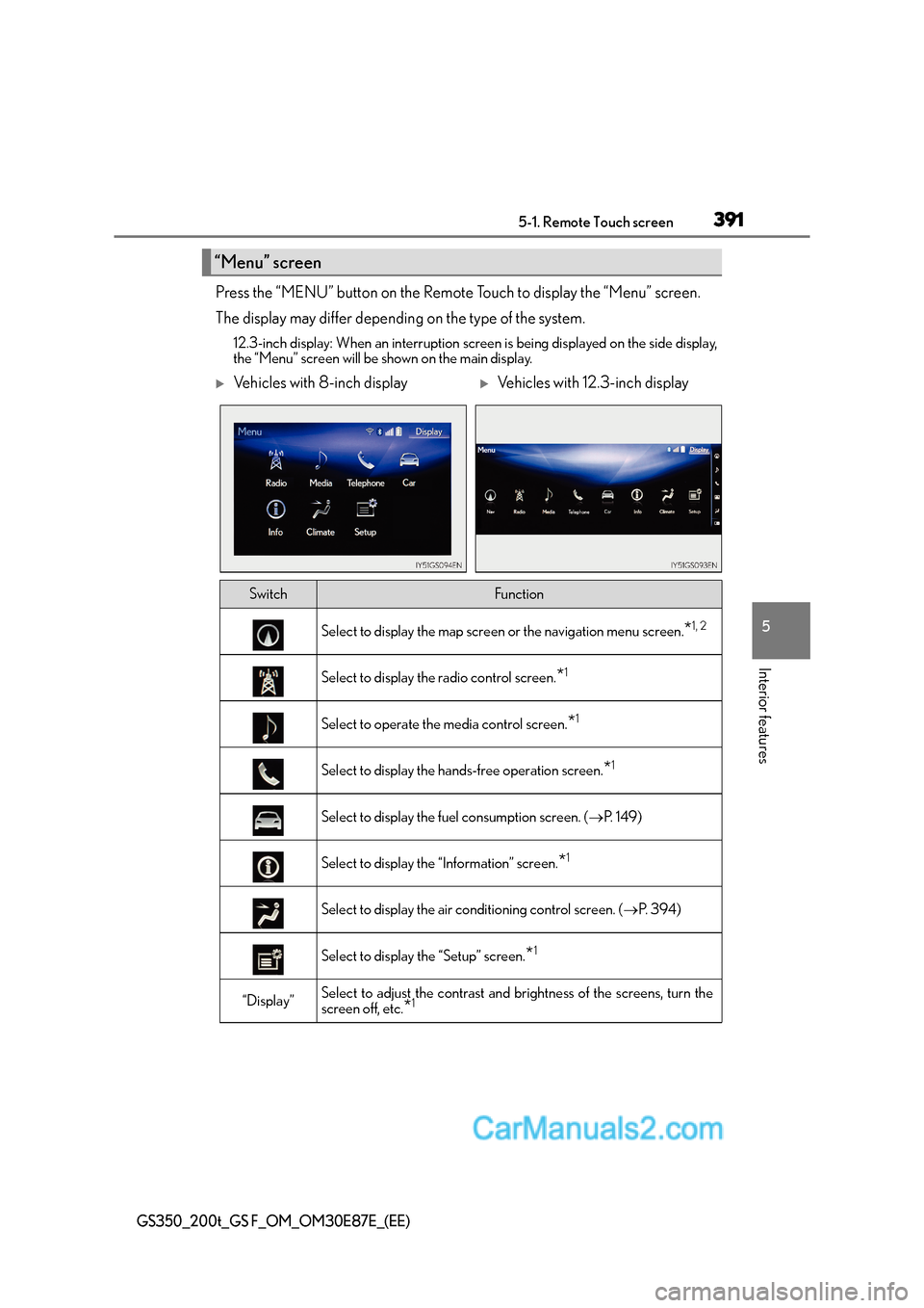 Lexus GS200t 2016  Owners Manuals 3915-1. Remote Touch screen
5
Interior features
GS350_200t_GS F_OM_OM30E87E_(EE)
Press the “MENU” button on the Remote Touch to display the “Menu” screen.
The display may differ depending on t