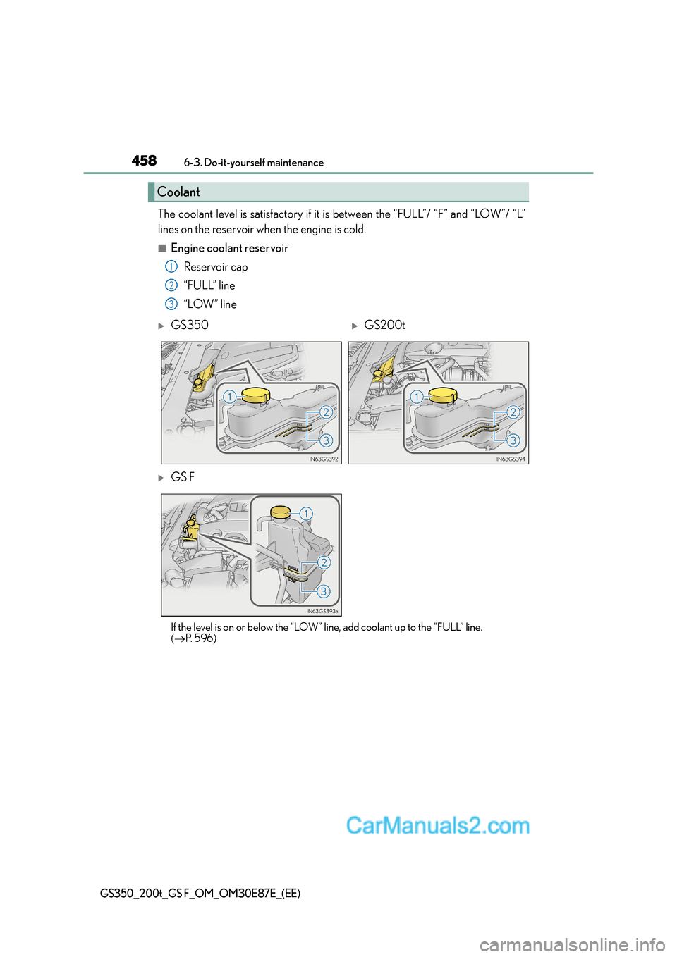 Lexus GS200t 2016  Owners Manuals 4586-3. Do-it-yourself maintenance
GS350_200t_GS F_OM_OM30E87E_(EE)
The coolant level is satisfactory if it is between the “FULL”/ “F” and “LOW”/ “L”
lines on the reservoir when the en