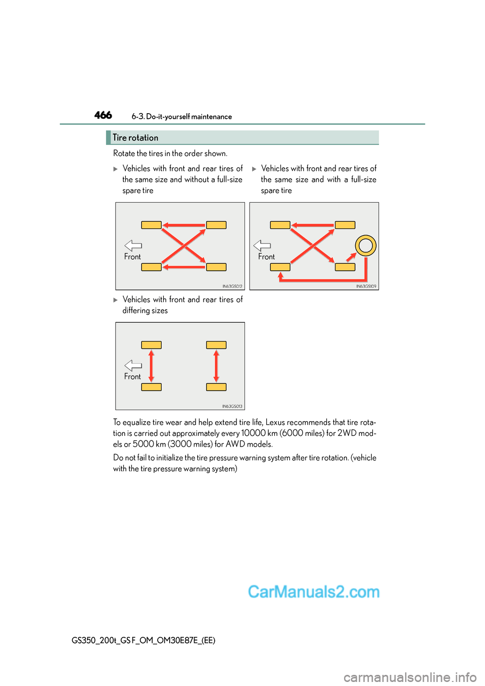 Lexus GS200t 2016  Owners Manuals 4666-3. Do-it-yourself maintenance
GS350_200t_GS F_OM_OM30E87E_(EE)
Rotate the tires in the order shown.
To equalize tire wear and help extend tire life, Lexus recommends that tire rota-
tion is carri