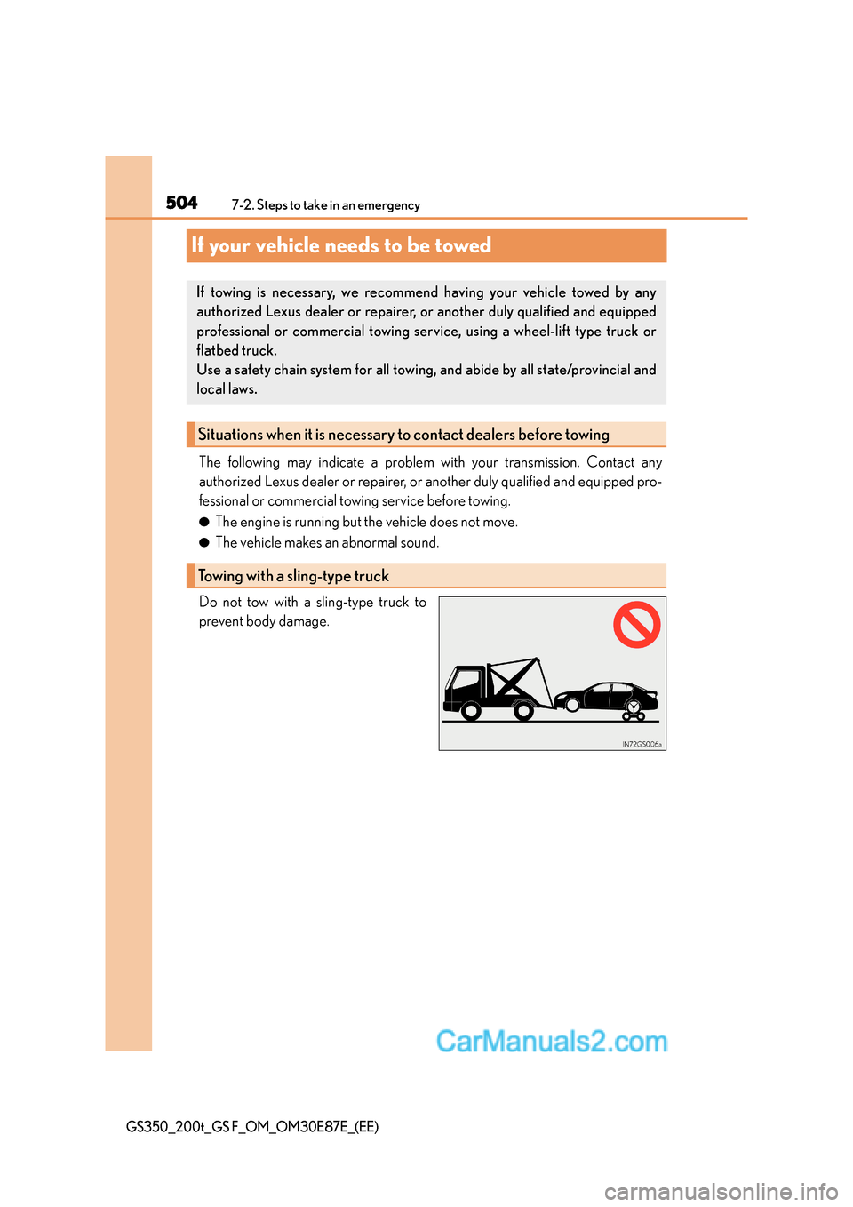 Lexus GS200t 2016  Owners Manuals 5047-2. Steps to take in an emergency
GS350_200t_GS F_OM_OM30E87E_(EE)
If your vehicle needs to be towed
The following may indicate a problem with your transmission. Contact any
authorized Lexus deale