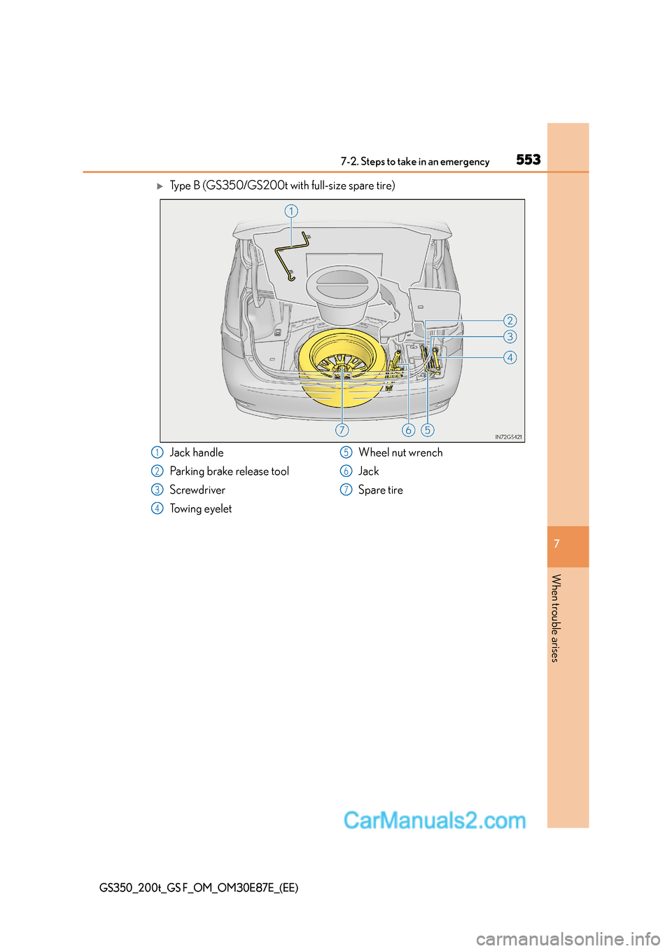 Lexus GS200t 2016  Owners Manuals 5537-2. Steps to take in an emergency
7
When trouble arises
GS350_200t_GS F_OM_OM30E87E_(EE)
�XType B (GS350/GS200t with full-size spare tire)
Jack handle
Parking brake release tool
Screwdriver
Towing