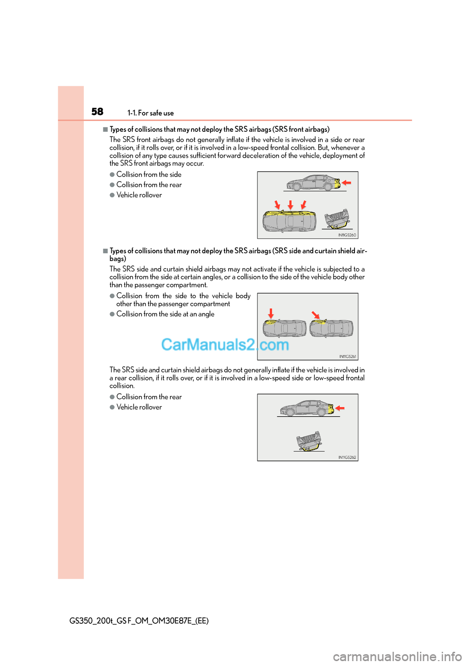 Lexus GS200t 2016 s Workshop Manual 581-1. For safe use
GS350_200t_GS F_OM_OM30E87E_(EE)
■Types of collisions that may not deploy the SRS airbags (SRS front airbags)
The SRS front airbags do not generally inflate if the vehicle is inv Lexus GS200t 2016 s Workshop Manual 581-1. For safe use
GS350_200t_GS F_OM_OM30E87E_(EE)
■Types of collisions that may not deploy the SRS airbags (SRS front airbags)
The SRS front airbags do not generally inflate if the vehicle is inv