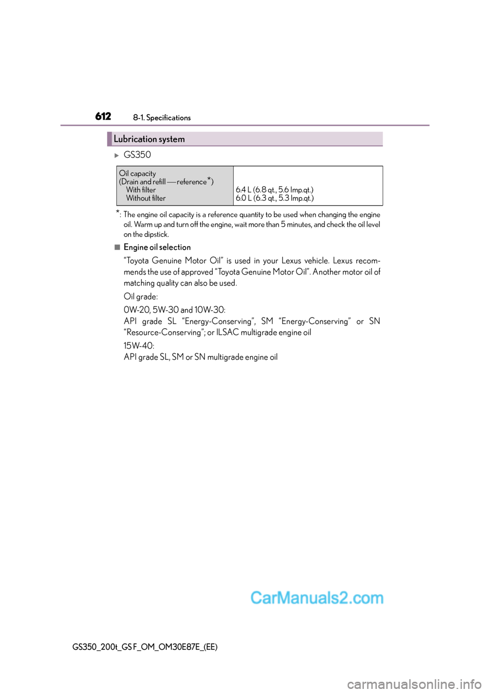 Lexus GS200t 2016  Owners Manuals 6128-1. Specifications
GS350_200t_GS F_OM_OM30E87E_(EE)
�XGS350
*: The engine oil capacity is a reference quantity to be used when changing the engineoil. Warm up and turn off the engine, wait more th