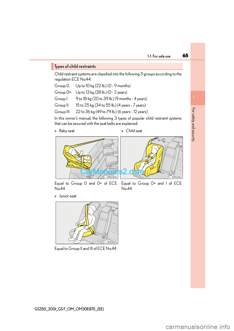 Lexus GS200t 2016 s Repair Manual 651-1. For safe use
1
For safety and security
GS350_200t_GS F_OM_OM30E87E_(EE)
Child restraint systems are classified into the following 5 groups according to the
regulation ECE No.44:
Group 0: Up to Lexus GS200t 2016 s Repair Manual 651-1. For safe use
1
For safety and security
GS350_200t_GS F_OM_OM30E87E_(EE)
Child restraint systems are classified into the following 5 groups according to the
regulation ECE No.44:
Group 0: Up to