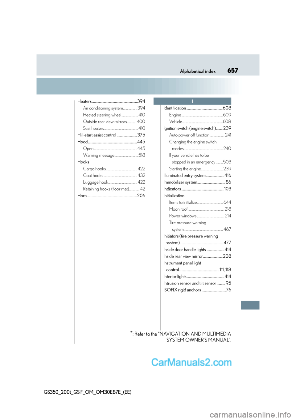Lexus GS200t 2016  Owners Manuals 657Alphabetical index
GS350_200t_GS F_OM_OM30E87E_(EE)
Heaters ..................................................... 394Air conditioning system.................. 394
Heated steering wheel.............
