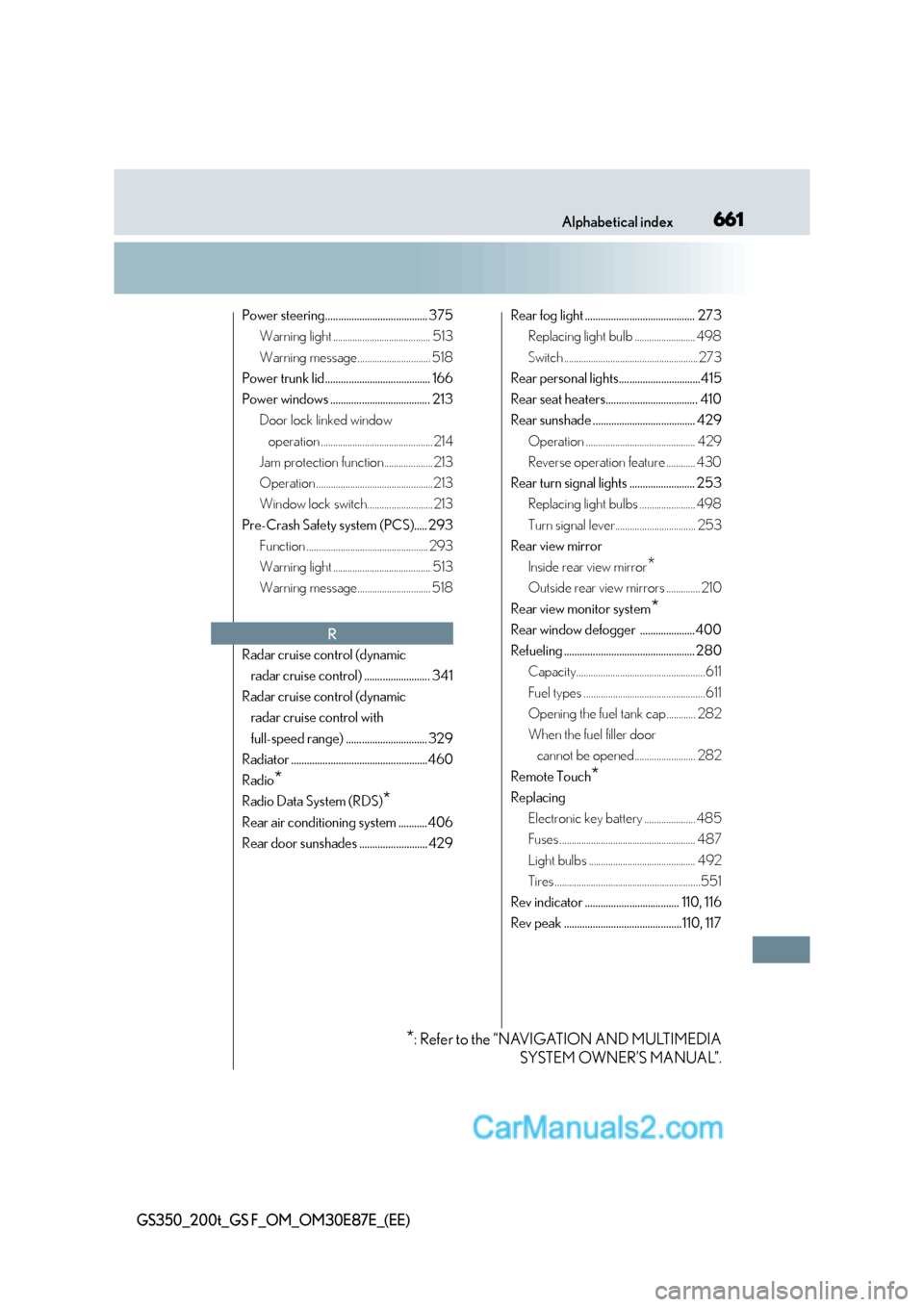 Lexus GS200t 2016  Owners Manuals 661Alphabetical index
GS350_200t_GS F_OM_OM30E87E_(EE)
Power steering....................................... 375Warning light ........................................ 513
Warning message..............
