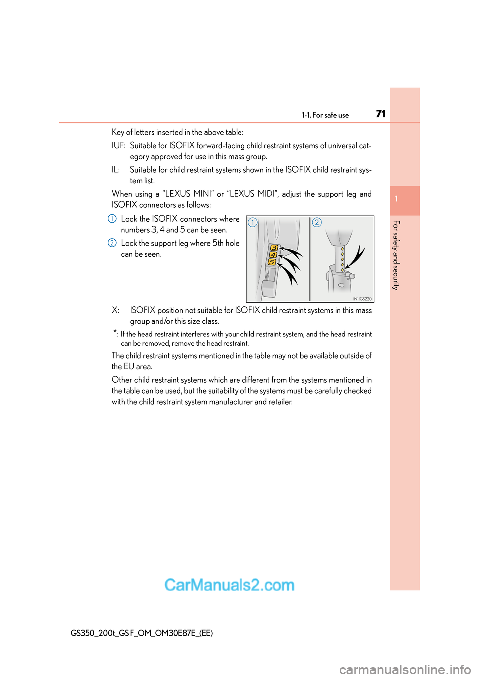 Lexus GS200t 2016  s Manual PDF 711-1. For safe use
1
For safety and security
GS350_200t_GS F_OM_OM30E87E_(EE)
Key of letters inserted in the above table:
IUF: Suitable for ISOFIX forward-facing child restraint systems of universal 
