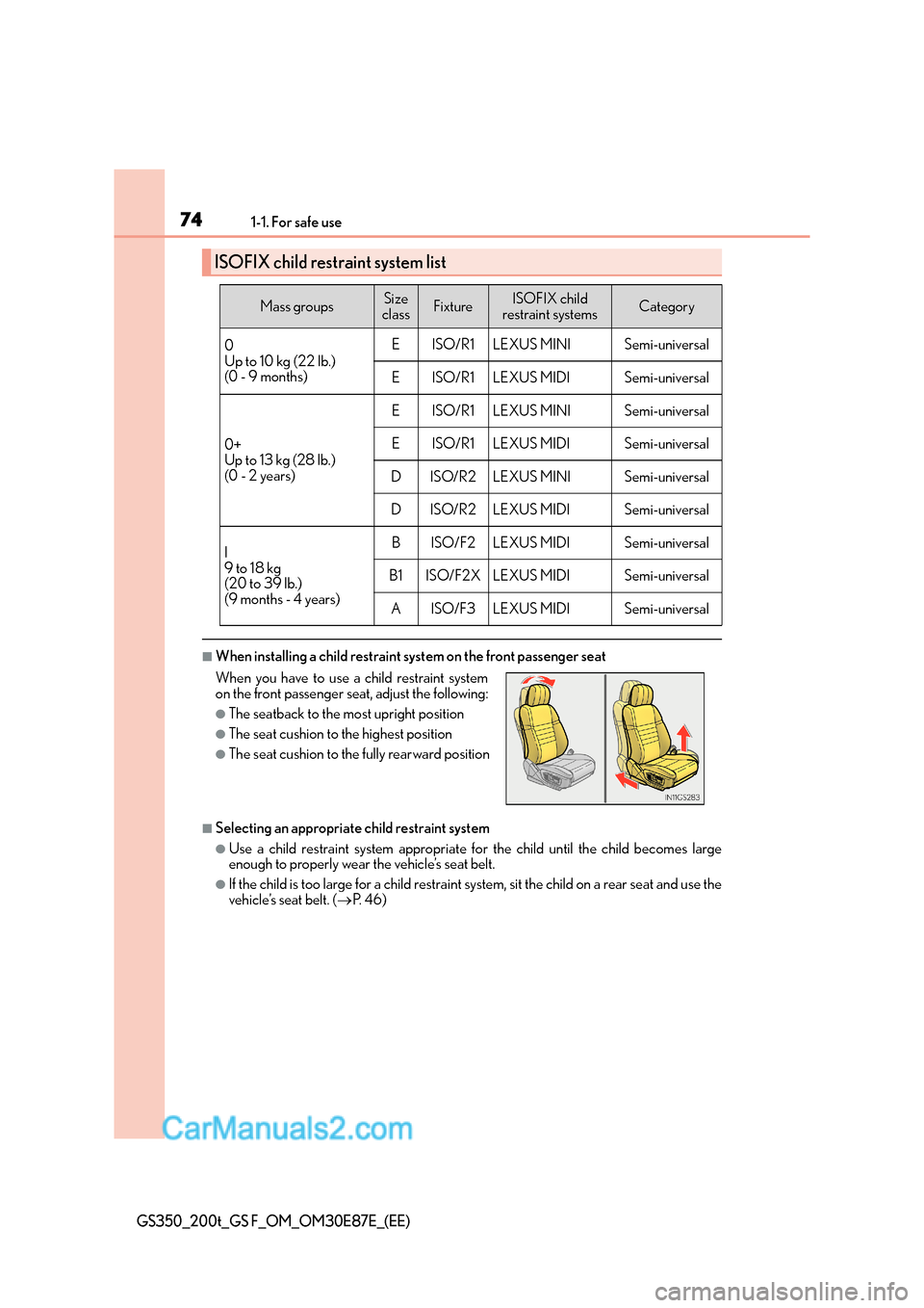 Lexus GS200t 2016  s Manual PDF 741-1. For safe use
GS350_200t_GS F_OM_OM30E87E_(EE)
■When installing a child restraint system on the front passenger seat
■Selecting an appropriate child restraint system
●Use a child restraint