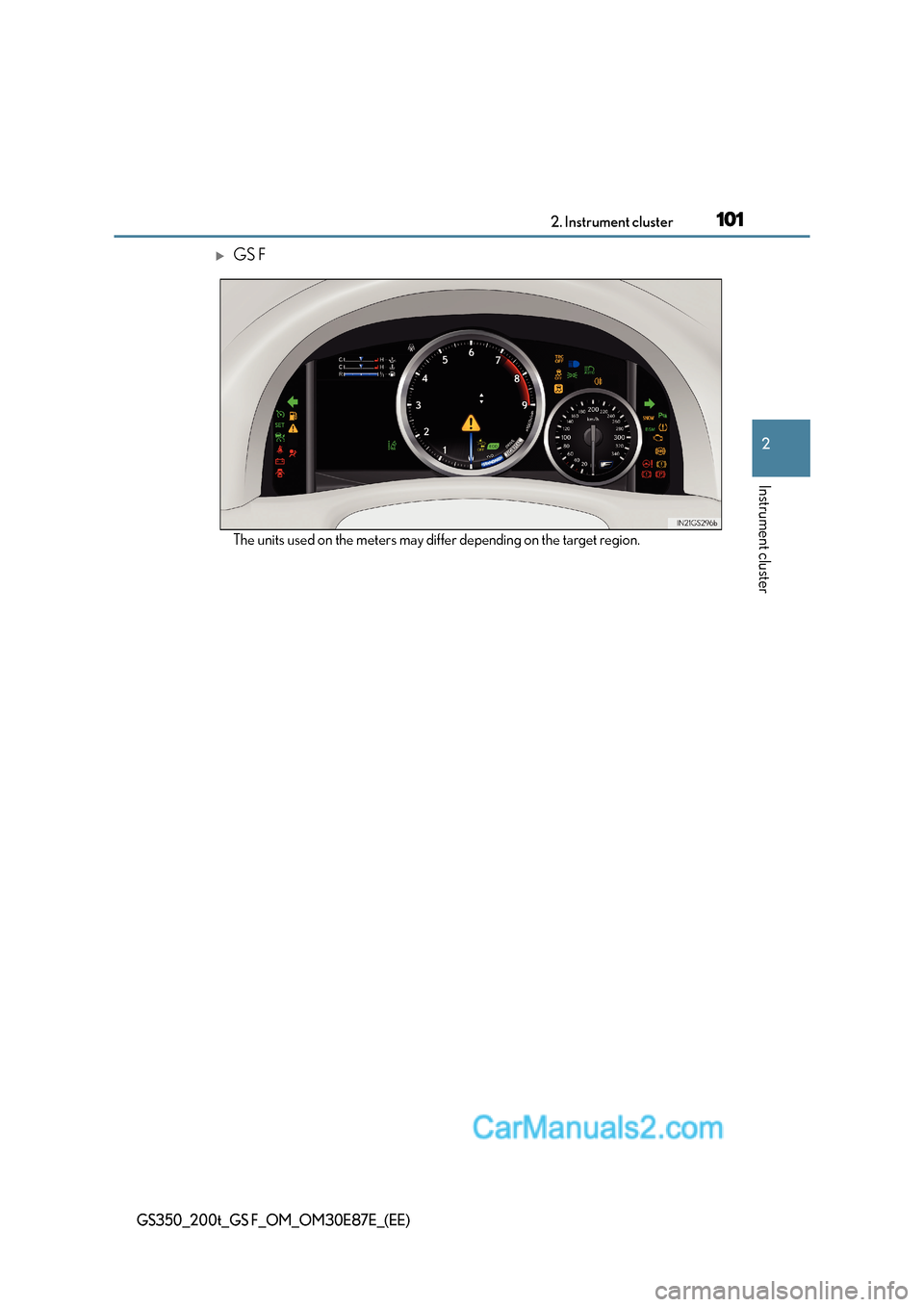 Lexus GS200t 2015  Owners Manual 1012. Instrument cluster
2
Instrument cluster
GS350_200t_GS F_OM_OM30E87E_(EE)
�XGS F
The units used on the meters may differ depending on the target region.  