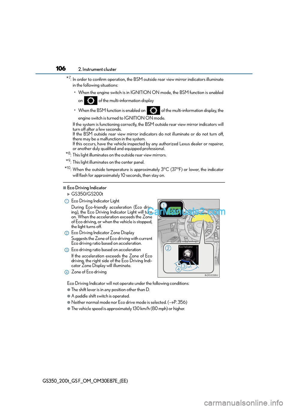 Lexus GS200t 2015 Owners Guide 1062. Instrument cluster
GS350_200t_GS F_OM_OM30E87E_(EE)
*7: In order to confirm operation, the BSM outside rear view mirror indicators illuminatein the following situations:
• When the engine swit Lexus GS200t 2015 Owners Guide 1062. Instrument cluster
GS350_200t_GS F_OM_OM30E87E_(EE)
*7: In order to confirm operation, the BSM outside rear view mirror indicators illuminatein the following situations:
• When the engine swit