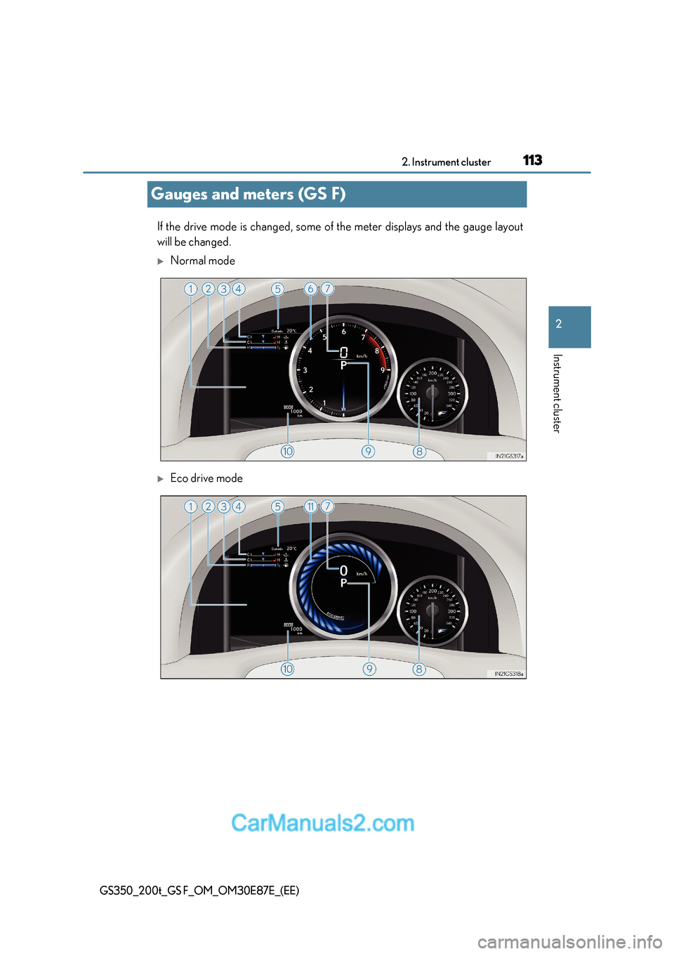 Lexus GS200t 2015 User Guide 113
2
2. Instrument cluster
Instrument cluster
GS350_200t_GS F_OM_OM30E87E_(EE)
Gauges and meters (GS F)
If the drive mode is changed, some of the meter displays and the gauge layout
will be changed.
