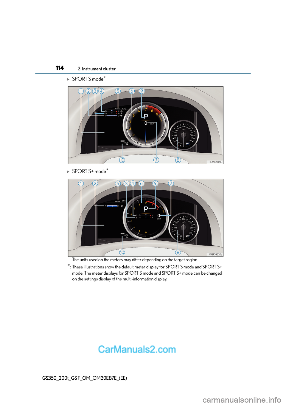 Lexus GS200t 2015 User Guide 1142. Instrument cluster
GS350_200t_GS F_OM_OM30E87E_(EE)
�XSPORT S mode*
�XSPORT S+ mode*
The units used on the meters may differ depending on the target region.
*: These illustrations show the defau