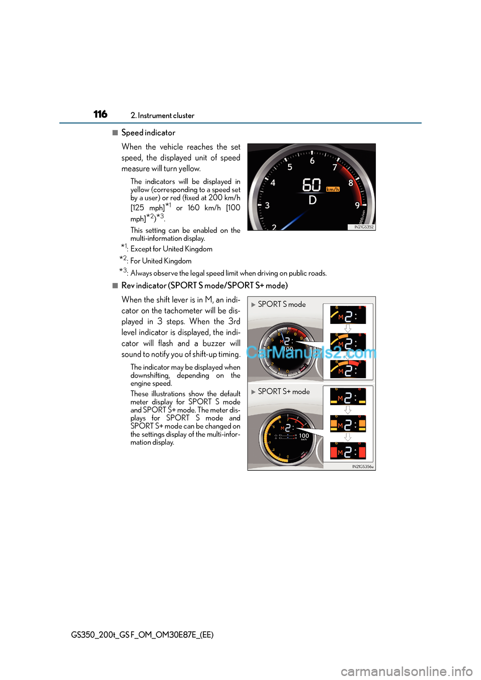 Lexus GS200t 2015 Owners Guide 1162. Instrument cluster
GS350_200t_GS F_OM_OM30E87E_(EE)
■Speed indicator
When the vehicle reaches the set
speed, the displayed unit of speed
measure will turn yellow.
The indicators will be displa