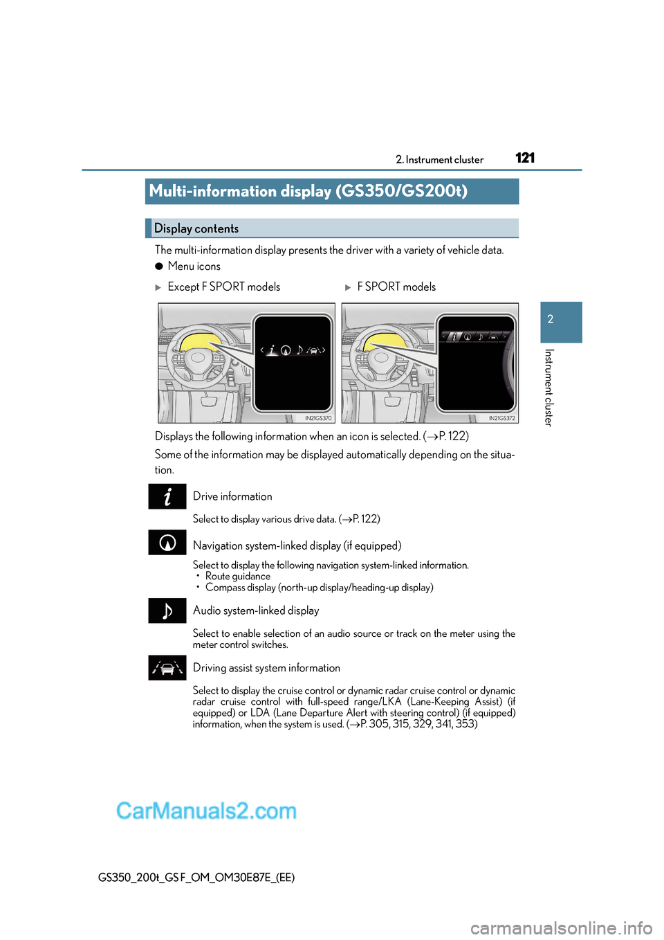 Lexus GS200t 2015  Owners Manual 121
2
2. Instrument cluster
Instrument cluster
GS350_200t_GS F_OM_OM30E87E_(EE)
Multi-information display (GS350/GS200t)
The multi-information display presents the 
driver with a variety of vehicle da