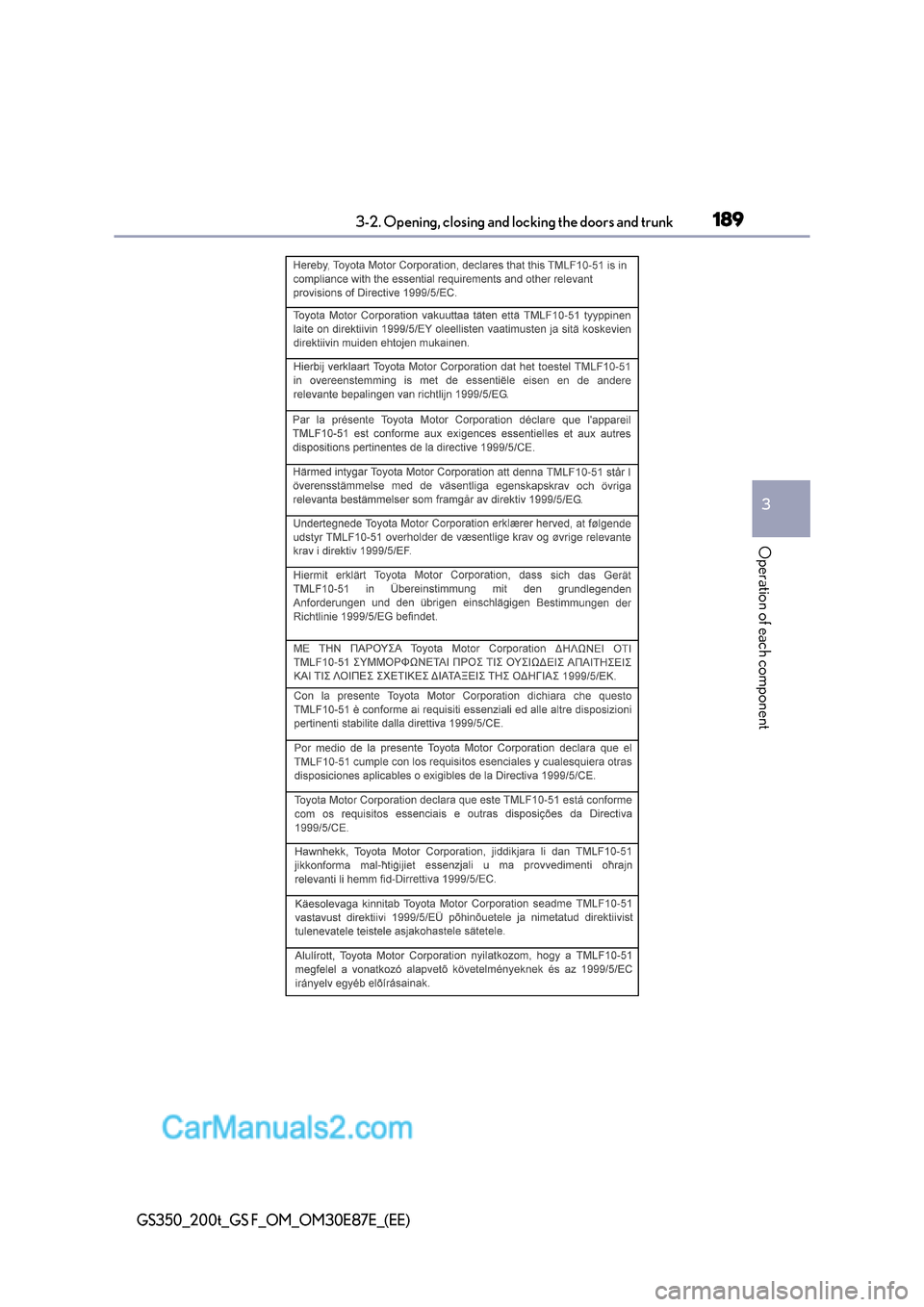 Lexus GS200t 2015 Owners Manual 1893-2. Opening, closing and locking the doors and trunk
3
Operation of each component
GS350_200t_GS F_OM_OM30E87E_(EE) Lexus GS200t 2015 Owners Manual 1893-2. Opening, closing and locking the doors and trunk
3
Operation of each component
GS350_200t_GS F_OM_OM30E87E_(EE)