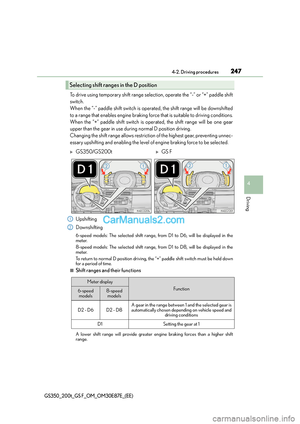 Lexus GS200t 2015 Manual Online 2474-2. Driving procedures
4
Driving
GS350_200t_GS F_OM_OM30E87E_(EE)
To drive using temporary shift range selection, operate the “-” or “+” paddle shift
switch.
When the “-” paddle shift Lexus GS200t 2015 Manual Online 2474-2. Driving procedures
4
Driving
GS350_200t_GS F_OM_OM30E87E_(EE)
To drive using temporary shift range selection, operate the “-” or “+” paddle shift
switch.
When the “-” paddle shift