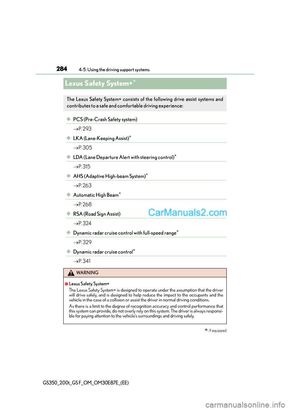 Lexus GS200t 2015 Owners Guide 2844-5. Using the driving support systems
GS350_200t_GS F_OM_OM30E87E_(EE)
Lexus Safety System+∗
◆PCS (Pre-Crash Safety system)
→P.  2 9 3
◆LKA (Lane-Keeping Assist)∗
→P.  3 0 5
◆LDA (La