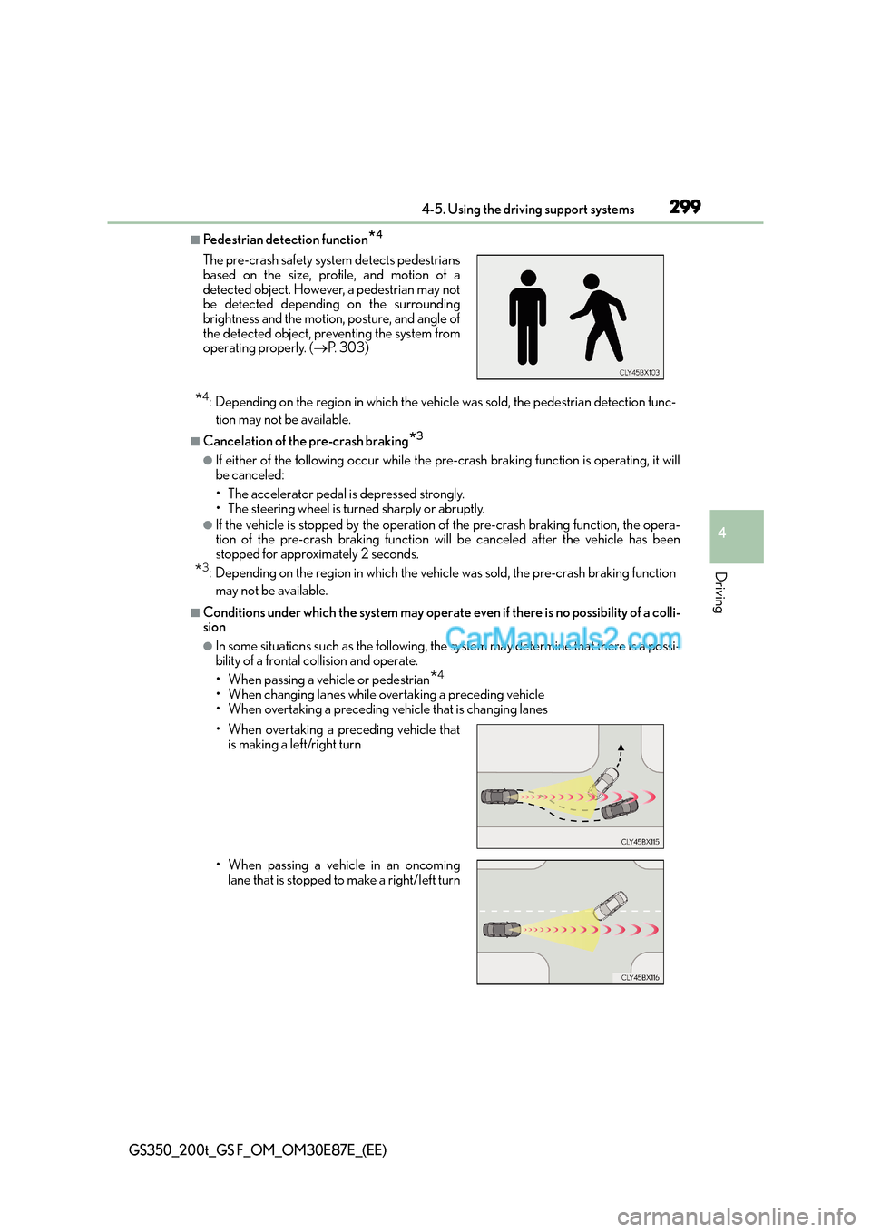 Lexus GS200t 2015  Owners Manual 2994-5. Using the driving support systems
4
Driving
GS350_200t_GS F_OM_OM30E87E_(EE)
■Pedestrian detection function*4
*4: Depending on the region in which the vehicle was sold, the pedestrian detect