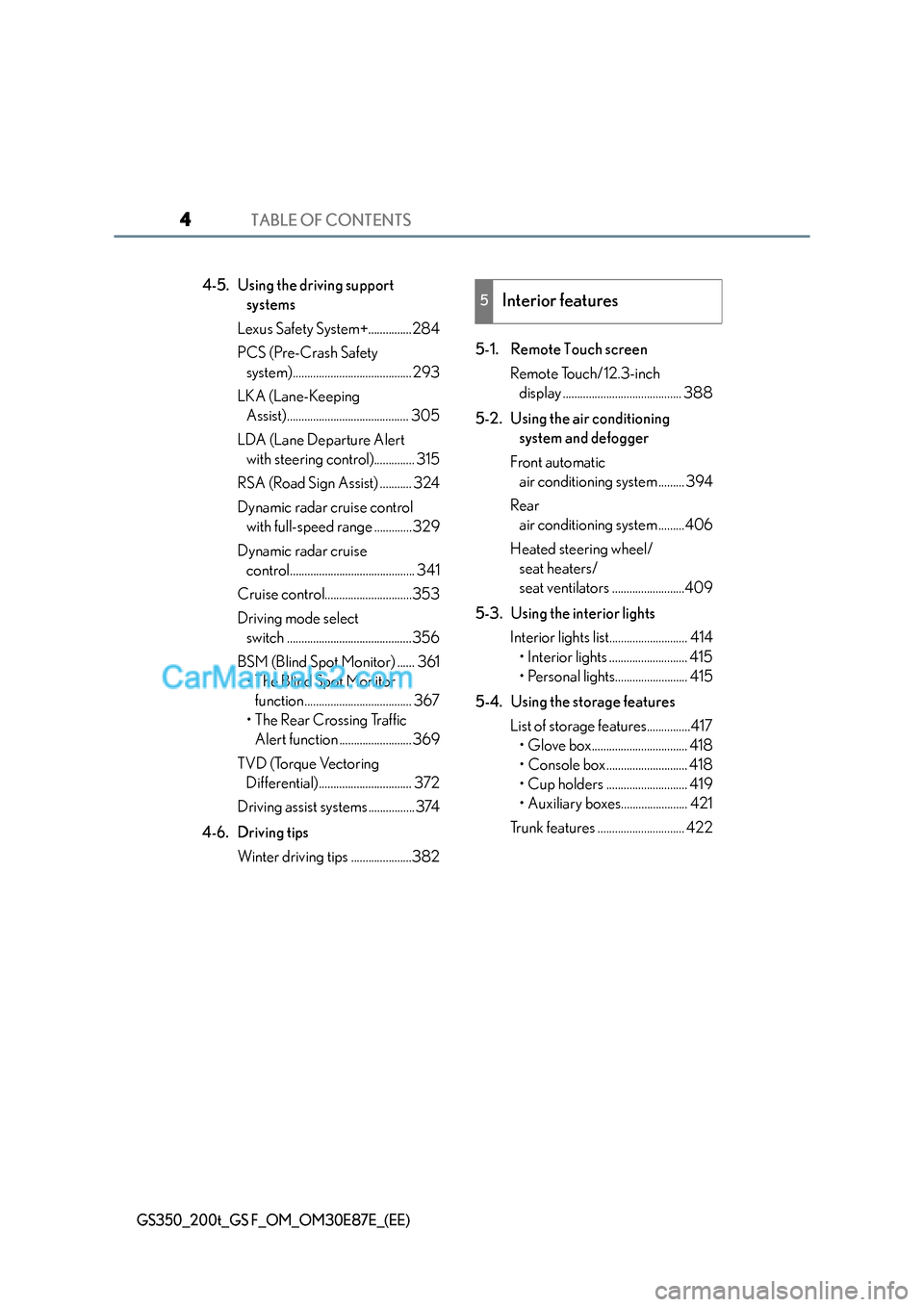 Lexus GS200t 2015  Owners Manual TABLE OF CONTENTS4
GS350_200t_GS F_OM_OM30E87E_(EE)
4-5. Using the driving support systems
Lexus Safety System+...............284
PCS (Pre-Crash Safety  system)........................................