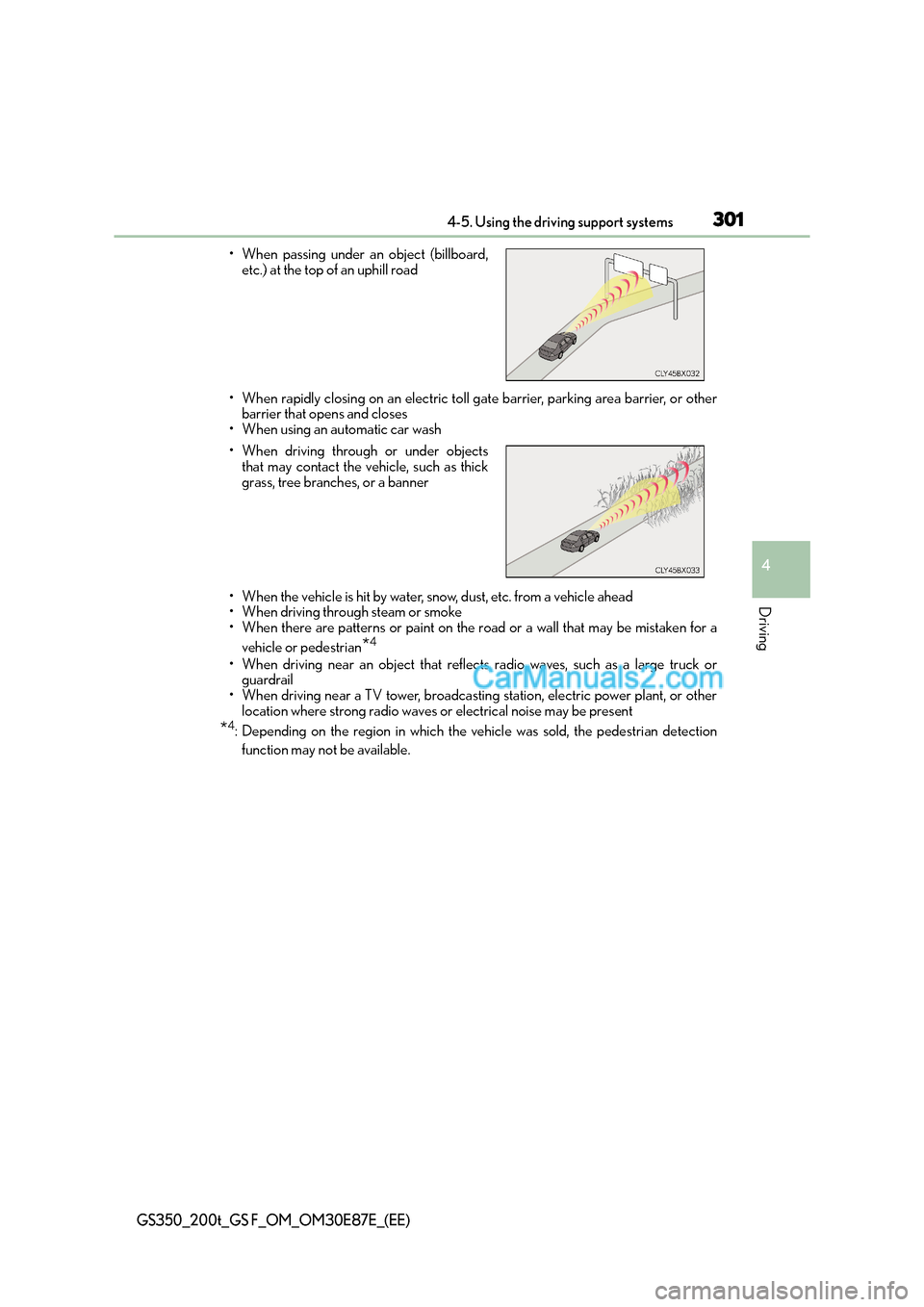 Lexus GS200t 2015 Owners Manual 3014-5. Using the driving support systems
4
Driving
GS350_200t_GS F_OM_OM30E87E_(EE)
• When rapidly closing on an electric toll gate barrier, parking area barrier, or otherbarrier that opens and clo Lexus GS200t 2015 Owners Manual 3014-5. Using the driving support systems
4
Driving
GS350_200t_GS F_OM_OM30E87E_(EE)
• When rapidly closing on an electric toll gate barrier, parking area barrier, or otherbarrier that opens and clo