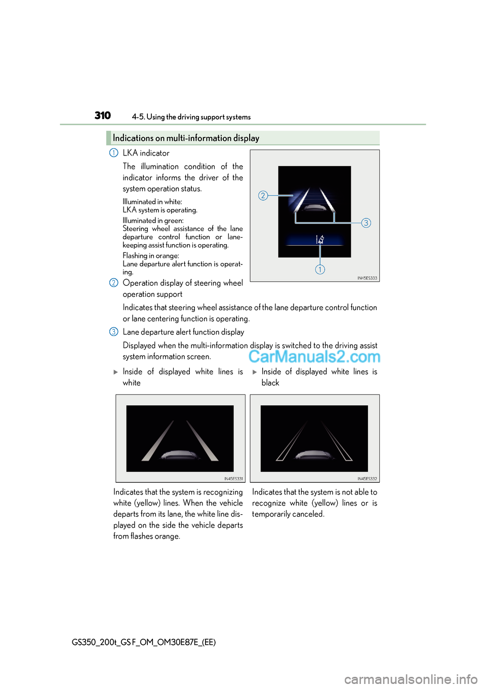 Lexus GS200t 2015 Manual Online 3104-5. Using the driving support systems
GS350_200t_GS F_OM_OM30E87E_(EE)
LKA indicator
The illumination condition of the
indicator informs the driver of the
system operation status.
Illuminated in w Lexus GS200t 2015 Manual Online 3104-5. Using the driving support systems
GS350_200t_GS F_OM_OM30E87E_(EE)
LKA indicator
The illumination condition of the
indicator informs the driver of the
system operation status.
Illuminated in w