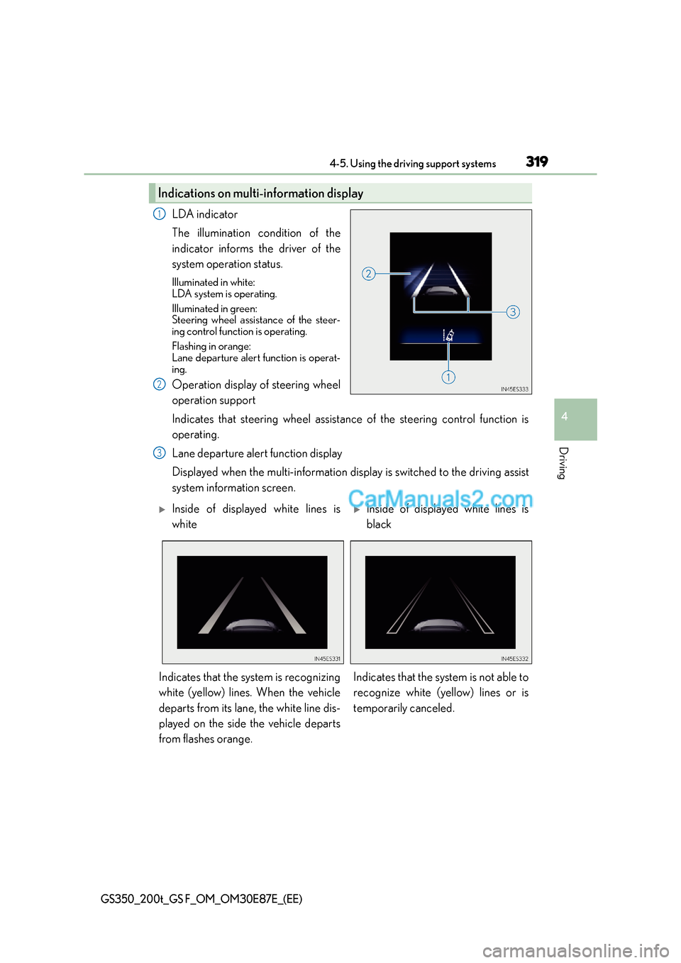 Lexus GS200t 2015 Owners Manual 3194-5. Using the driving support systems
4
Driving
GS350_200t_GS F_OM_OM30E87E_(EE)
LDA indicator
The illumination condition of the
indicator informs the driver of the
system operation status.
Illumi Lexus GS200t 2015 Owners Manual 3194-5. Using the driving support systems
4
Driving
GS350_200t_GS F_OM_OM30E87E_(EE)
LDA indicator
The illumination condition of the
indicator informs the driver of the
system operation status.
Illumi