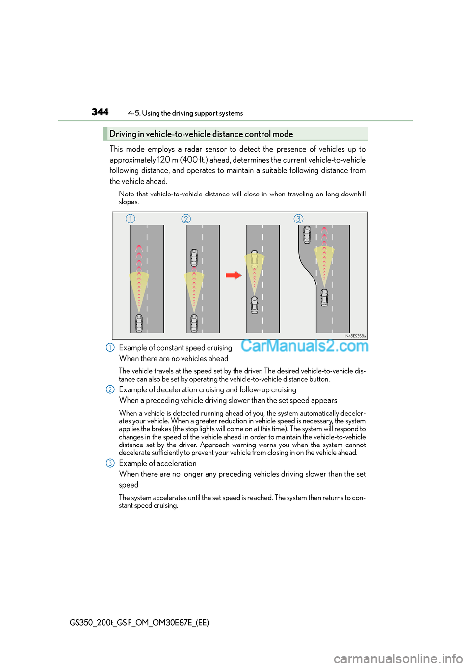 Lexus GS200t 2015 Owners Guide 3444-5. Using the driving support systems
GS350_200t_GS F_OM_OM30E87E_(EE)
This mode employs a radar sensor to detect the presence of vehicles up to
approximately 120 m (400 ft.) ahead, determines the