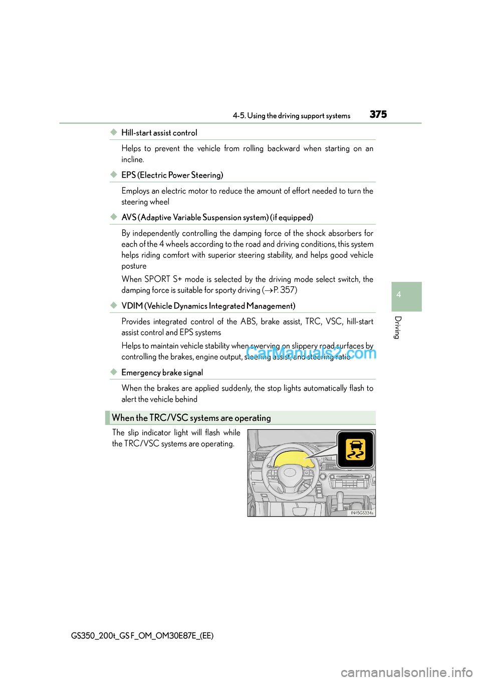 Lexus GS200t 2015  Owners Manual 3754-5. Using the driving support systems
4
Driving
GS350_200t_GS F_OM_OM30E87E_(EE)
◆Hill-start assist control
Helps to prevent the vehicle from rolling backward when starting on an
incline.
◆EPS
