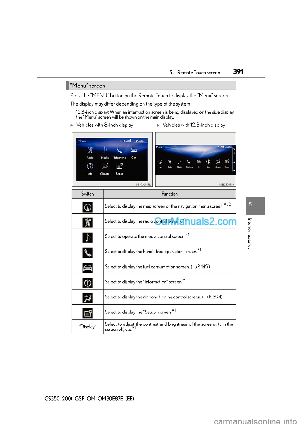 Lexus GS200t 2015 Owners Guide 3915-1. Remote Touch screen
5
Interior features
GS350_200t_GS F_OM_OM30E87E_(EE)
Press the “MENU” button on the Remote Touch to display the “Menu” screen.
The display may differ depending on t Lexus GS200t 2015 Owners Guide 3915-1. Remote Touch screen
5
Interior features
GS350_200t_GS F_OM_OM30E87E_(EE)
Press the “MENU” button on the Remote Touch to display the “Menu” screen.
The display may differ depending on t