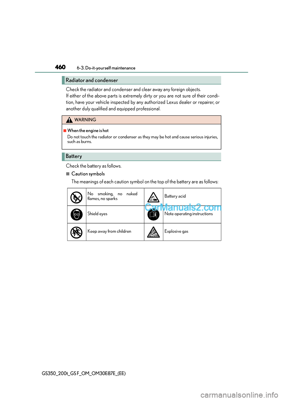 Lexus GS200t 2015 Owners Manual 4606-3. Do-it-yourself maintenance
GS350_200t_GS F_OM_OM30E87E_(EE)
Check the radiator and condenser and clear away any foreign objects.
If either of the above parts is extremely dirty or you are not Lexus GS200t 2015 Owners Manual 4606-3. Do-it-yourself maintenance
GS350_200t_GS F_OM_OM30E87E_(EE)
Check the radiator and condenser and clear away any foreign objects.
If either of the above parts is extremely dirty or you are not