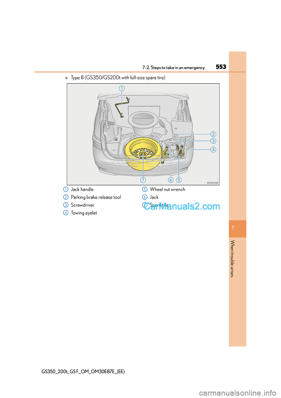 Lexus GS200t 2015  Owners Manual 5537-2. Steps to take in an emergency
7
When trouble arises
GS350_200t_GS F_OM_OM30E87E_(EE)
�XType B (GS350/GS200t with full-size spare tire)
Jack handle
Parking brake release tool
Screwdriver
Towing