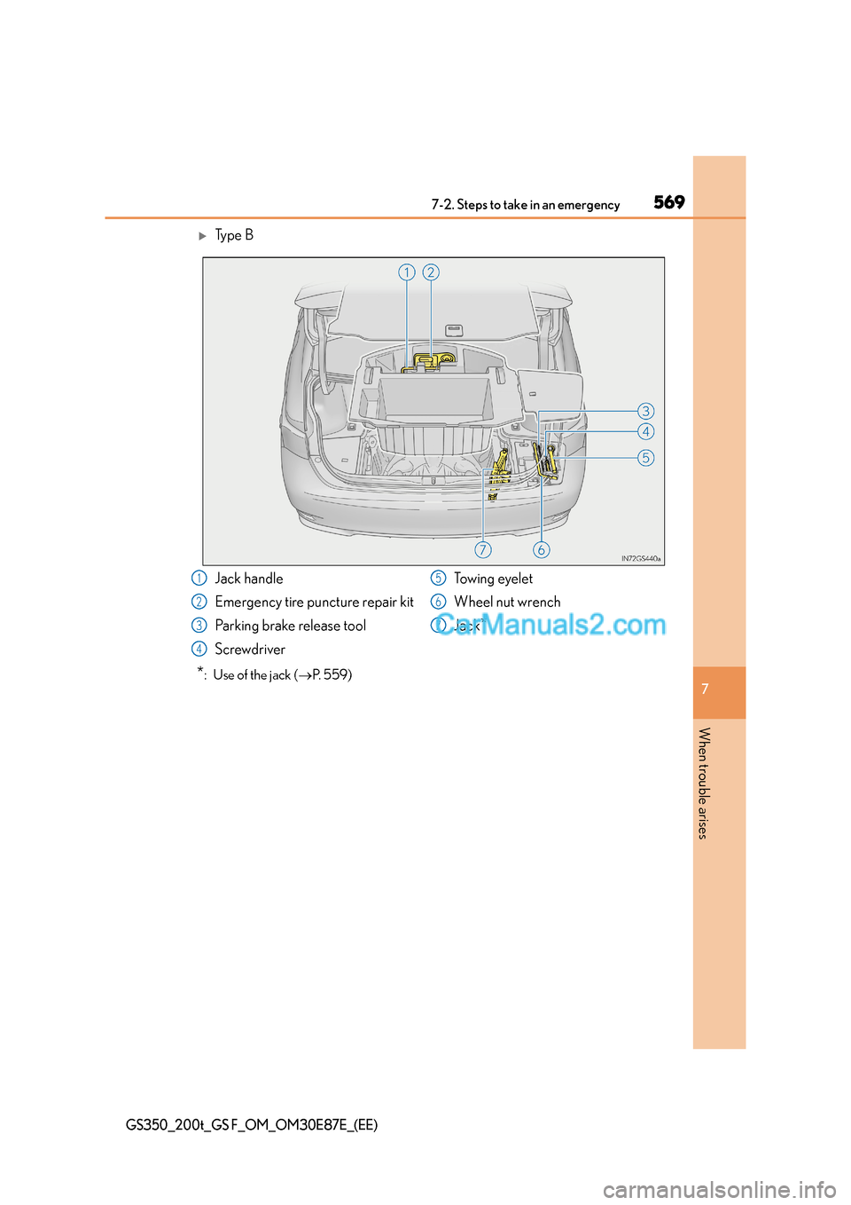 Lexus GS200t 2015  Owners Manual 5697-2. Steps to take in an emergency
7
When trouble arises
GS350_200t_GS F_OM_OM30E87E_(EE)
�XTy p e  B
*:  Use of the jack (→P. 559)
Jack handle
Emergency tire puncture repair kit
Parking brake re