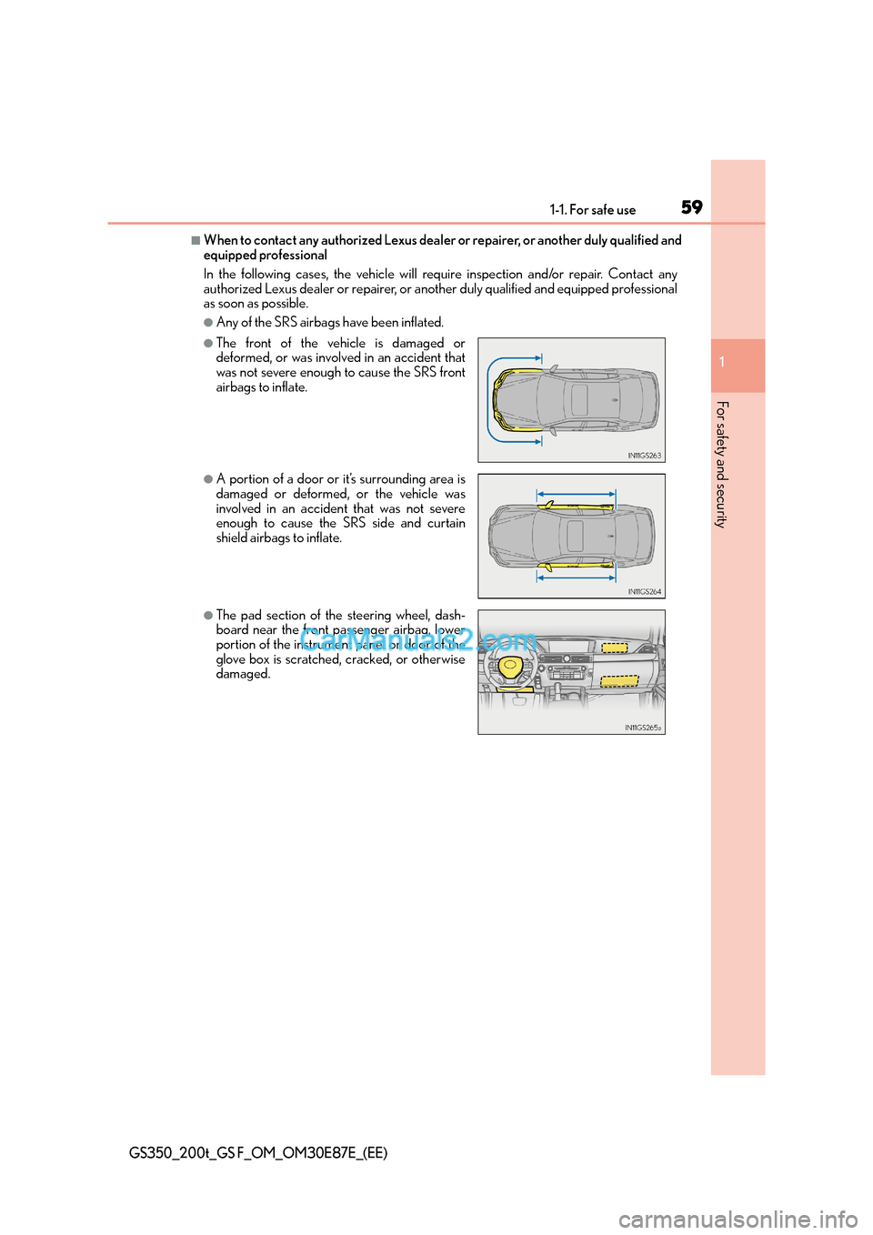 Lexus GS200t 2015  Owners Manual 591-1. For safe use
1
For safety and security
GS350_200t_GS F_OM_OM30E87E_(EE)
■When to contact any authorized Lexus dealer or repairer, or another duly qualified and
equipped professional
In the fo