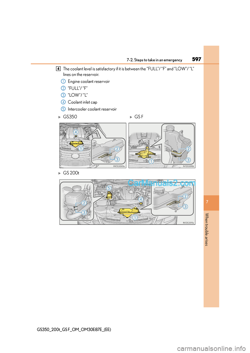 Lexus GS200t 2015 Owners Manual 5977-2. Steps to take in an emergency
7
When trouble arises
GS350_200t_GS F_OM_OM30E87E_(EE)
The coolant level is satisfactory if it is between the “FULL”/ “F” and “LOW”/ “L”
lines on Lexus GS200t 2015 Owners Manual 5977-2. Steps to take in an emergency
7
When trouble arises
GS350_200t_GS F_OM_OM30E87E_(EE)
The coolant level is satisfactory if it is between the “FULL”/ “F” and “LOW”/ “L”
lines on