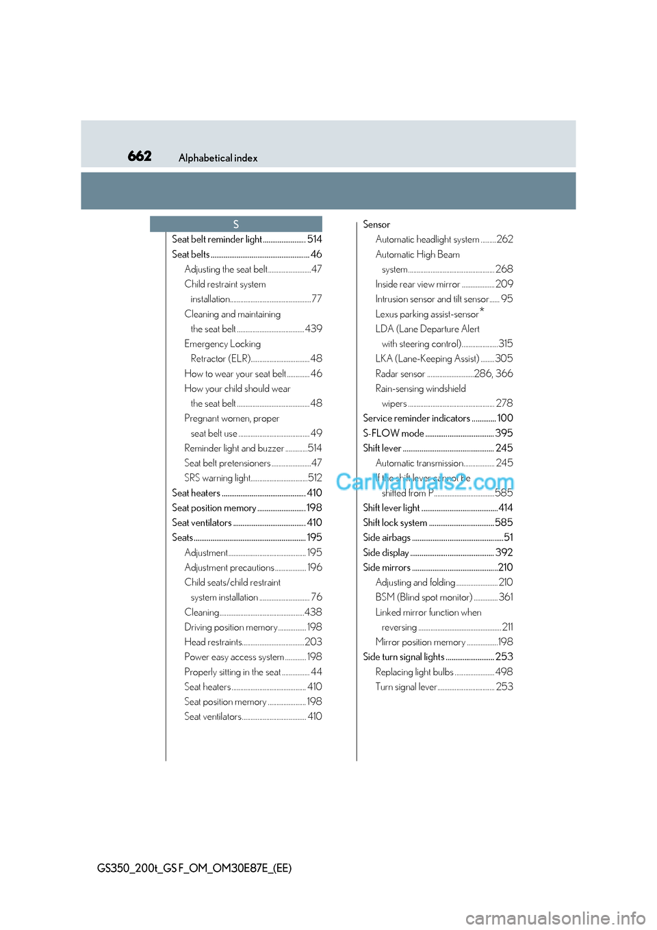 Lexus GS200t 2015 Owners Manual 662Alphabetical index
GS350_200t_GS F_OM_OM30E87E_(EE)
Seat belt reminder light ....................... 514
Seat belts ..................................................... 46Adjusting the seat belt . Lexus GS200t 2015 Owners Manual 662Alphabetical index
GS350_200t_GS F_OM_OM30E87E_(EE)
Seat belt reminder light ....................... 514
Seat belts ..................................................... 46Adjusting the seat belt .