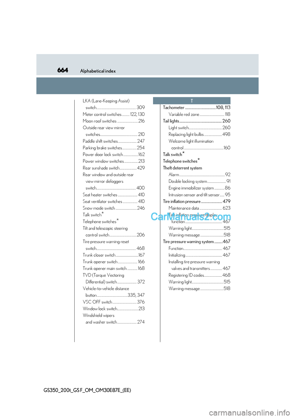 Lexus GS200t 2015 User Guide 664Alphabetical index
GS350_200t_GS F_OM_OM30E87E_(EE)
LKA (Lane-Keeping Assist) switch................................................... 309
Meter control switches .......... 122, 130
Moon roof swit