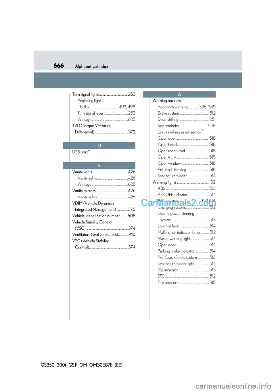 Lexus GS200t 2015 Manual PDF 666Alphabetical index
GS350_200t_GS F_OM_OM30E87E_(EE)
Turn signal lights.................................... 253Replacing light 
bulbs ........................................ 493, 498
Turn signal le
